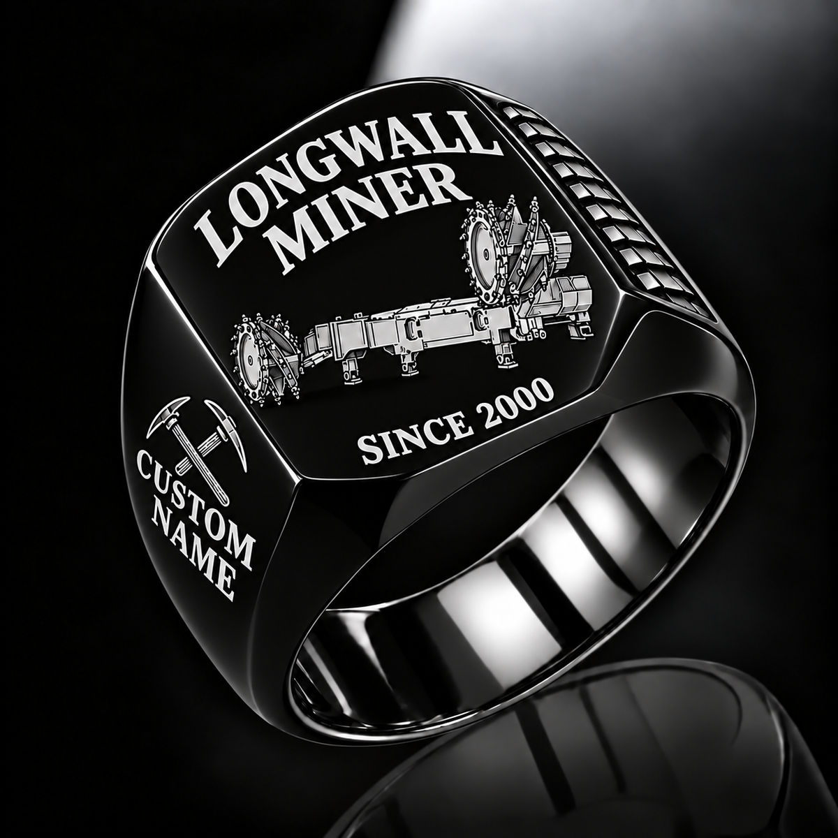 7LS2A Longwall Shearer Operator Ring in Black finish, flat machine engraving, CUSTOM NAME and SINCE 2000 sample text.