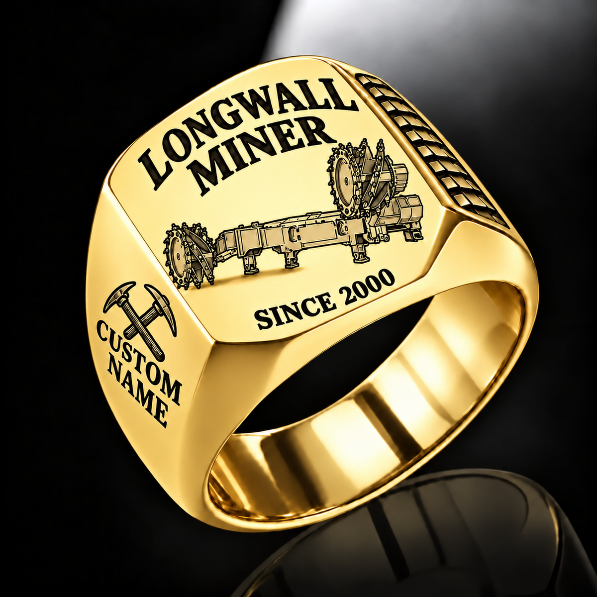 7LS2A Longwall Shearer Operator Ring in Gold finish, flat machine engraving, CUSTOM NAME and SINCE 2000 sample text.