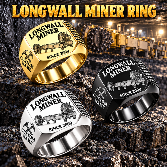 7LS2A Longwall Shearer Operator Ring in Silver, Gold and Black finishes, flat machine engraving, CUSTOM NAME and SINCE 2000 sample text.