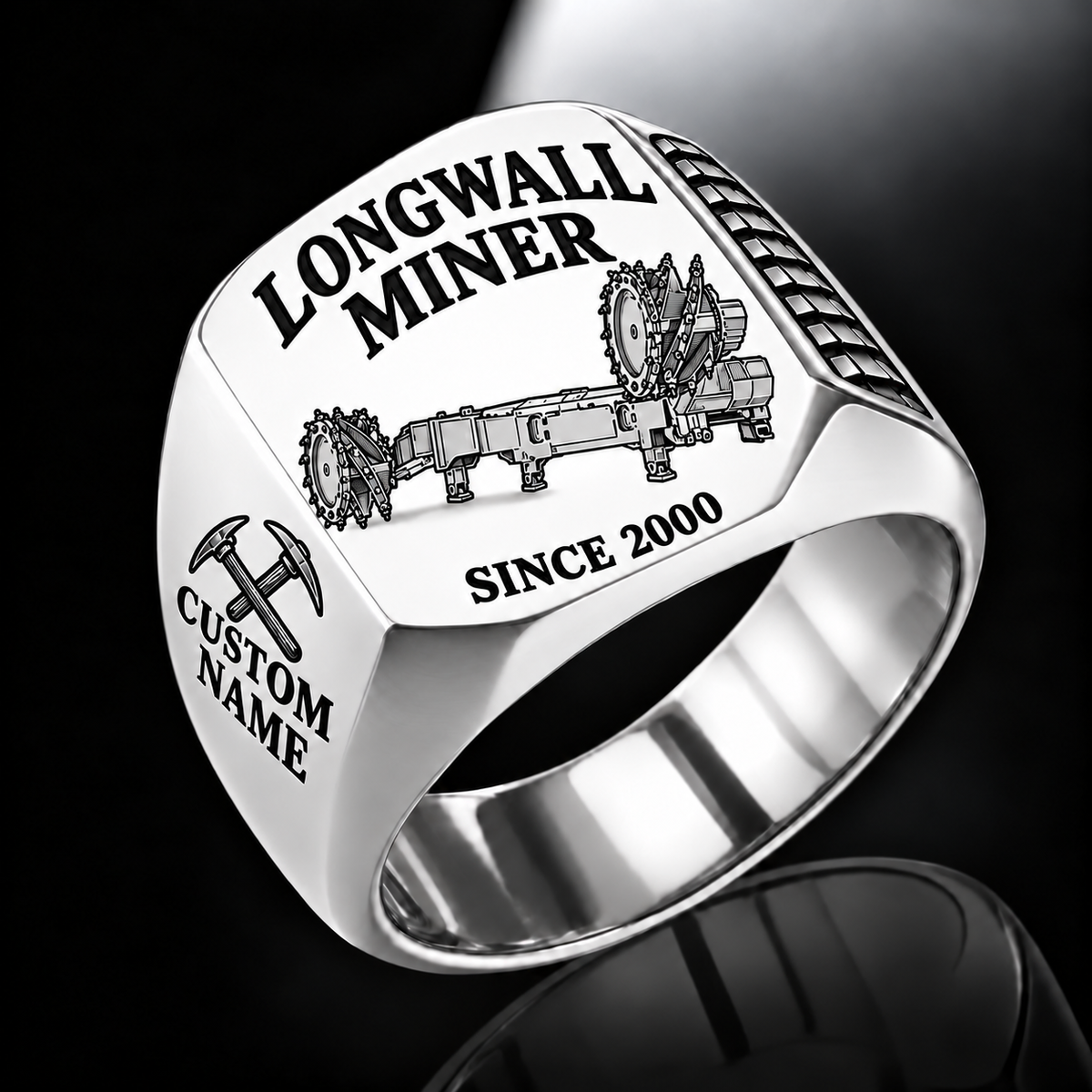 7LS2A Longwall Shearer Operator Ring in Silver finish, flat machine engraving, CUSTOM NAME and SINCE 2000 sample text.