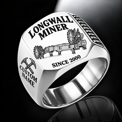 7LS2A Longwall Shearer Operator Ring in Silver finish, flat machine engraving, CUSTOM NAME and SINCE 2000 sample text.