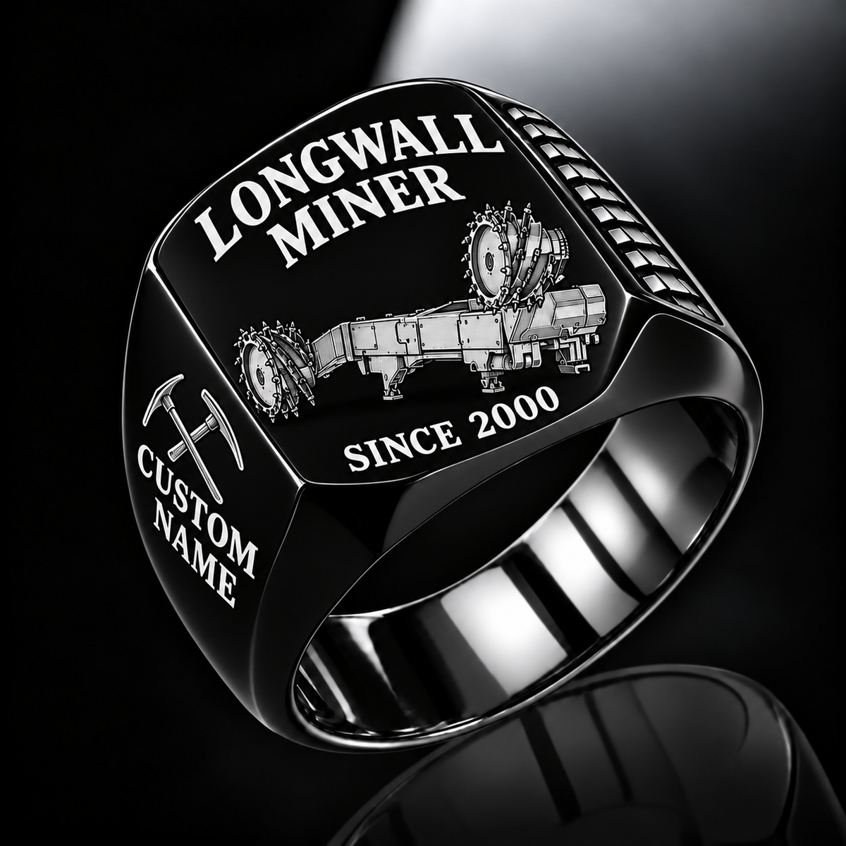 7LS5 Longwall Shearer Operator Ring in Black finish, flat machine engraving, CUSTOM NAME and SINCE 2000 sample text.