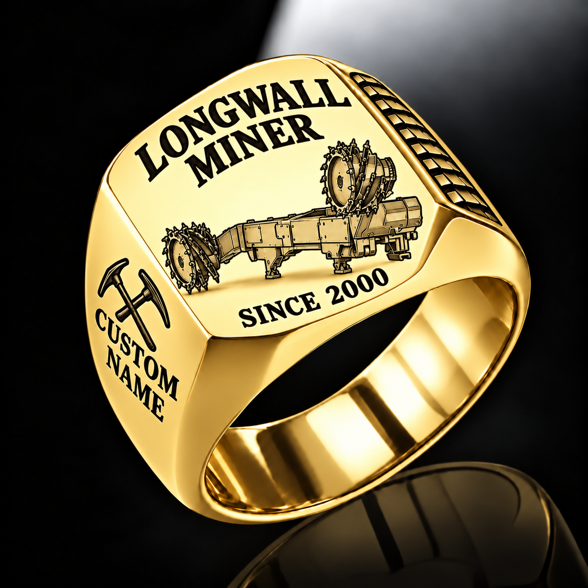 7LS5 Longwall Shearer Operator Ring in Gold finish, flat machine engraving, CUSTOM NAME and SINCE 2000 sample text.