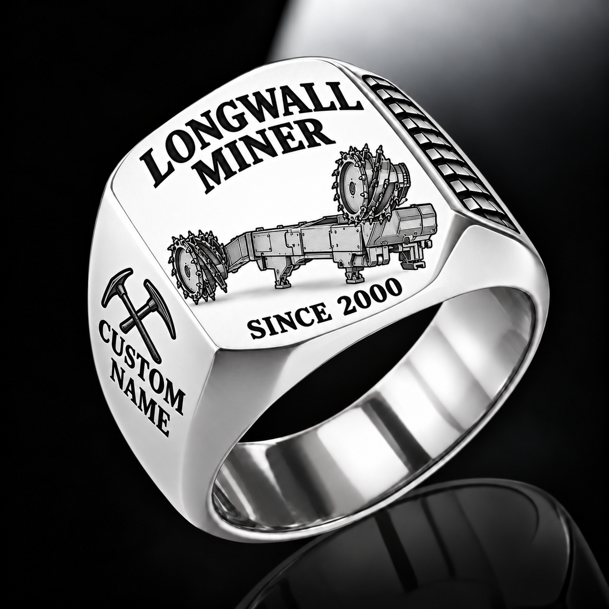 7LS5 Longwall Shearer Operator Ring in Silver finish, flat machine engraving, CUSTOM NAME and SINCE 2000 sample text.