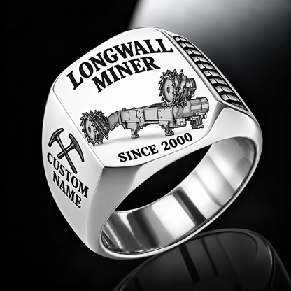 7LS5 Longwall Shearer Operator Ring in Silver finish, flat machine engraving, CUSTOM NAME and SINCE 2000 sample text.