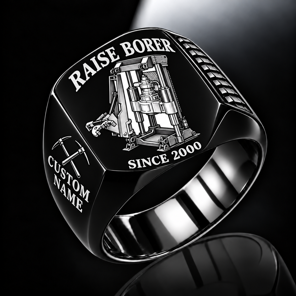 Robbins 34RH Raise Borer Operator Ring in Black finish, flat machine engraving, CUSTOM NAME and SINCE 2000 sample text.