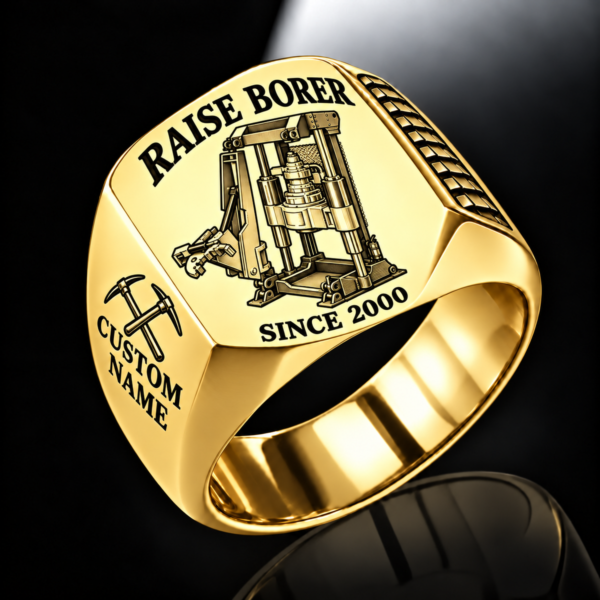 Robbins 34RH Raise Borer Operator Ring in Gold finish, flat machine engraving, CUSTOM NAME and SINCE 2000 sample text.