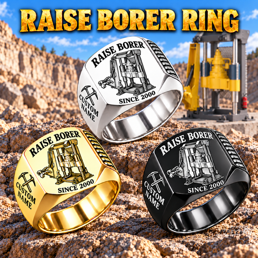 Robbins 34RH Raise Borer Operator Ring in Silver, Gold and Black finishes, flat machine engraving, CUSTOM NAME and SINCE 2000 sample text.