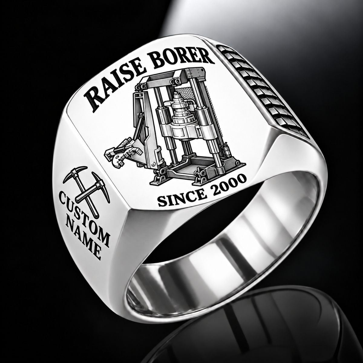 Robbins 34RH Raise Borer Operator Ring in Silver finish, flat machine engraving, CUSTOM NAME and SINCE 2000 sample text.