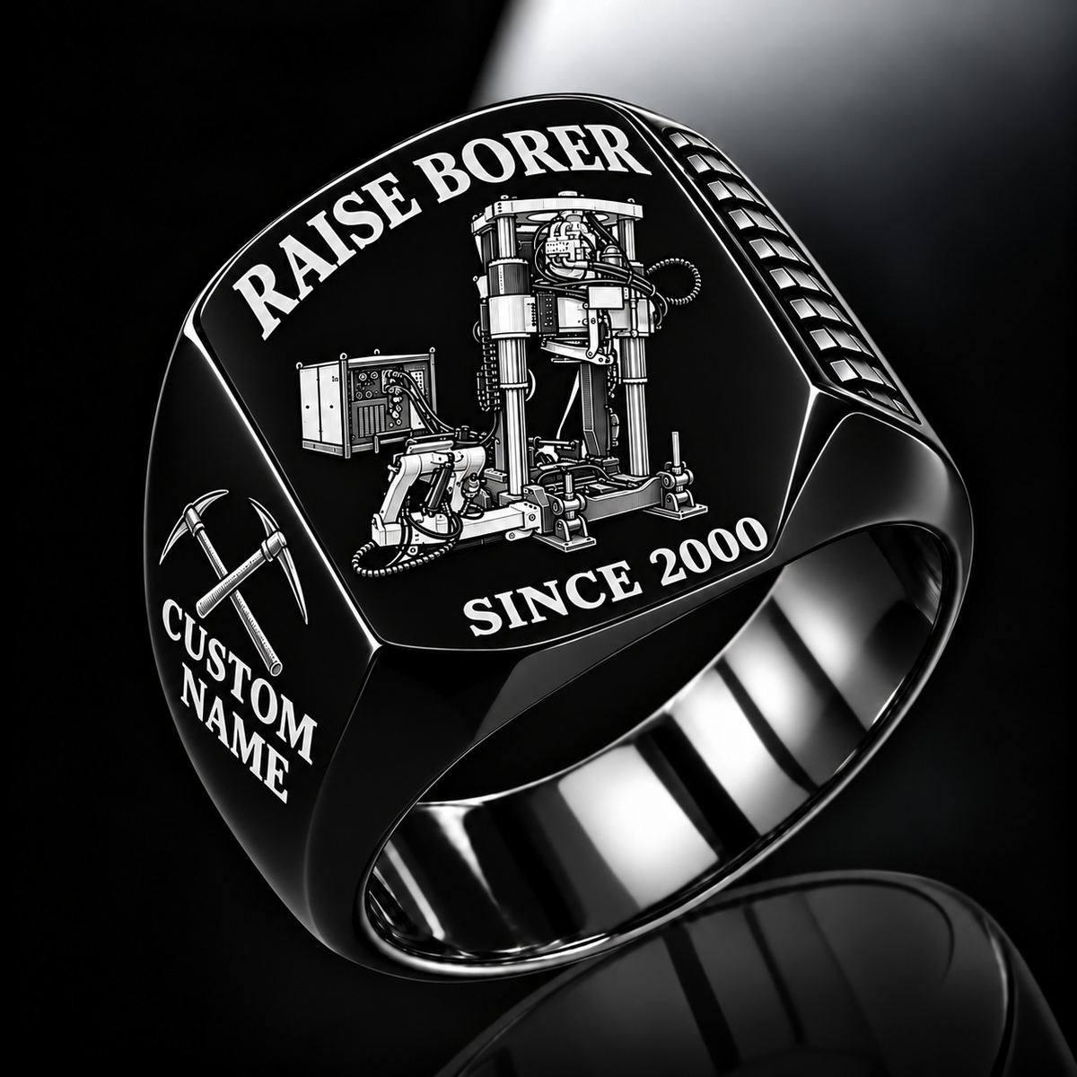 Robbins 44RH Raise Borer Operator Ring in Black finish, flat machine engraving, CUSTOM NAME and SINCE 2000 sample text.