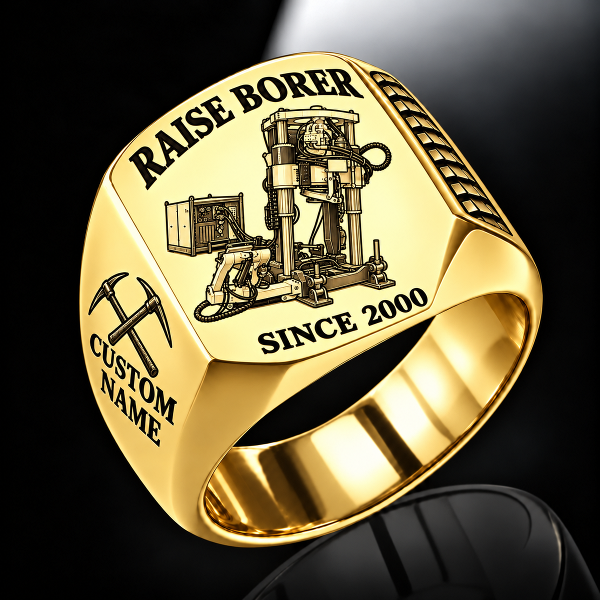 Robbins 44RH Raise Borer Operator Ring in Gold finish, flat machine engraving, CUSTOM NAME and SINCE 2000 sample text.