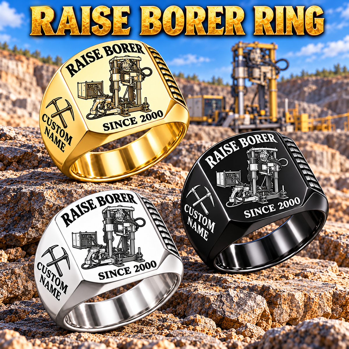 Robbins 44RH Raise Borer Operator Ring in Silver, Gold and Black finishes, flat machine engraving, CUSTOM NAME and SINCE 2000 sample text.