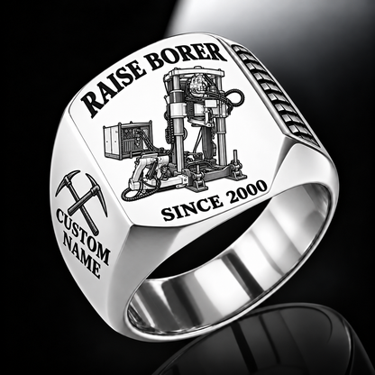 Robbins 44RH Raise Borer Operator Ring in Silver finish, flat machine engraving, CUSTOM NAME and SINCE 2000 sample text.