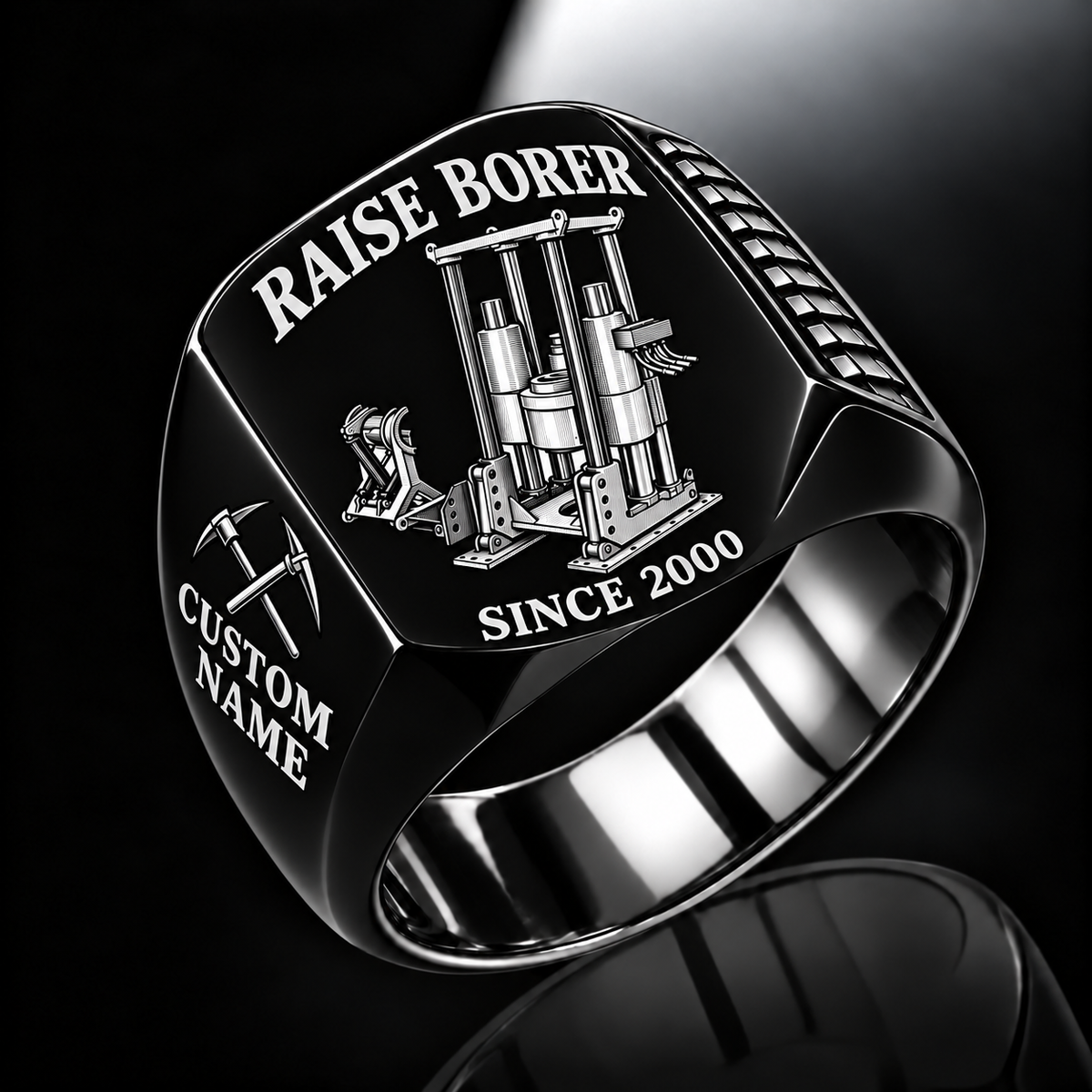 Robbins 53RH Raise Borer Operator Ring in Black finish, flat machine engraving, CUSTOM NAME and SINCE 2000 sample text.