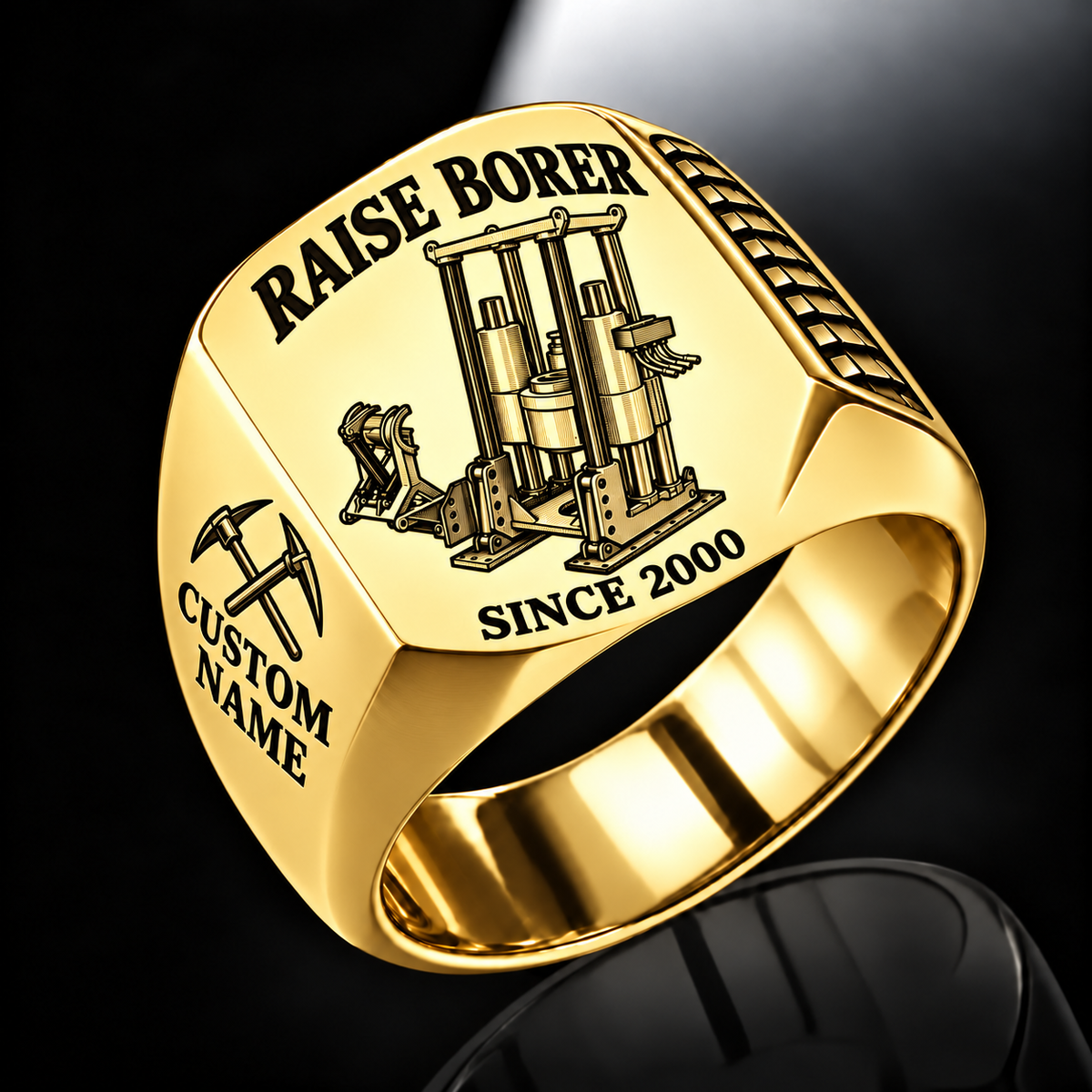 Robbins 53RH Raise Borer Operator Ring in Gold finish, flat machine engraving, CUSTOM NAME and SINCE 2000 sample text.