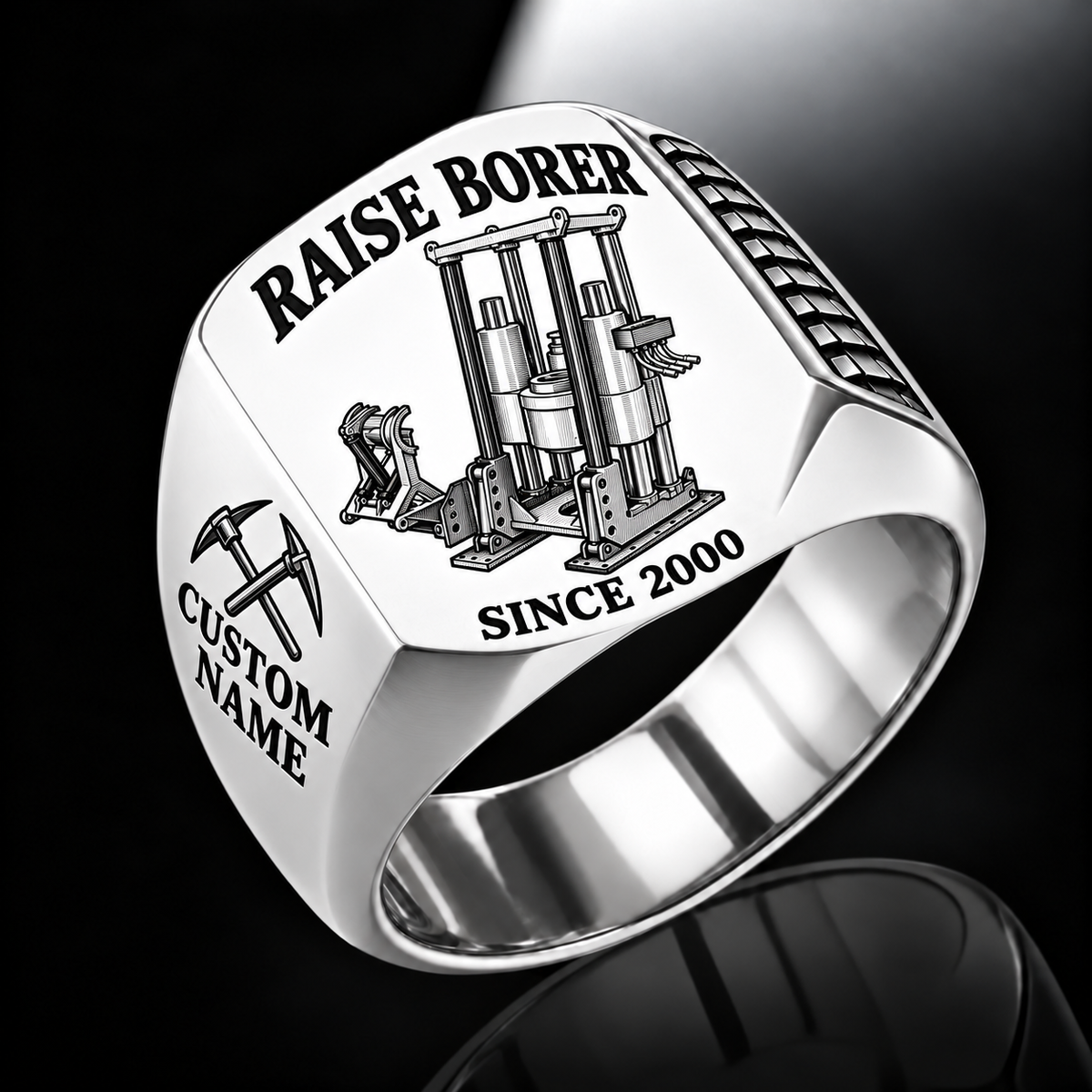 Robbins 53RH Raise Borer Operator Ring in Silver finish, flat machine engraving, CUSTOM NAME and SINCE 2000 sample text.