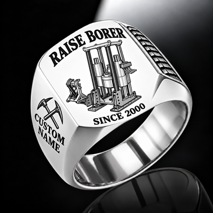 Robbins 53RH Raise Borer Operator Ring in Silver finish, flat machine engraving, CUSTOM NAME and SINCE 2000 sample text.