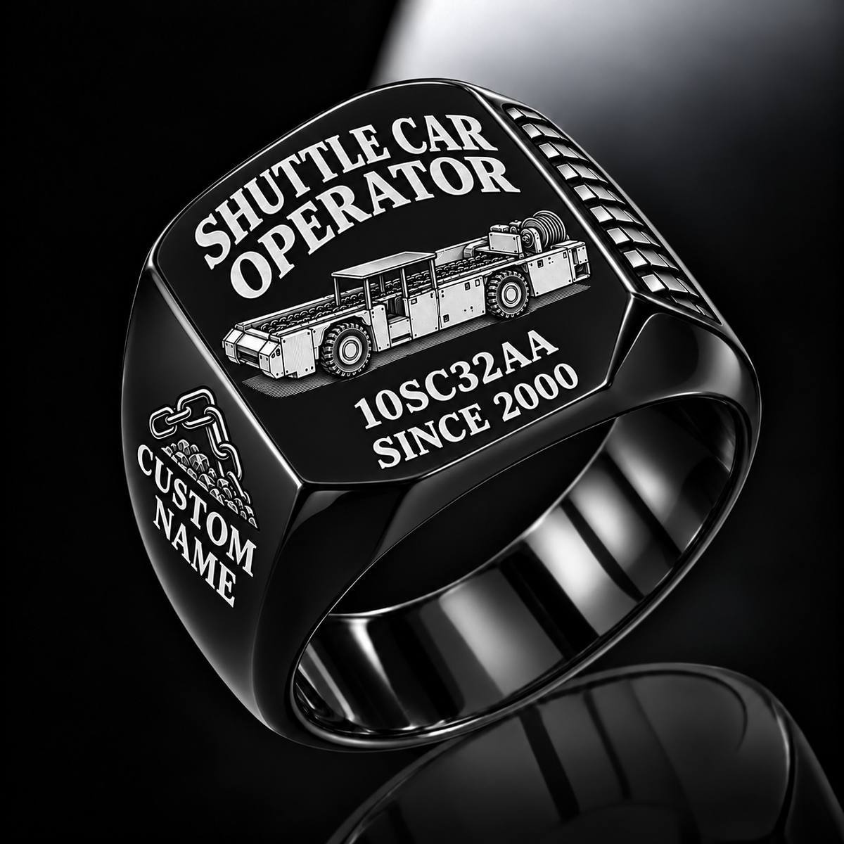 10SC32AA Center-Drive Shuttle Car Operator Ring in Black finish, flat machine engraving, CUSTOM NAME and SINCE 2000 sample text.