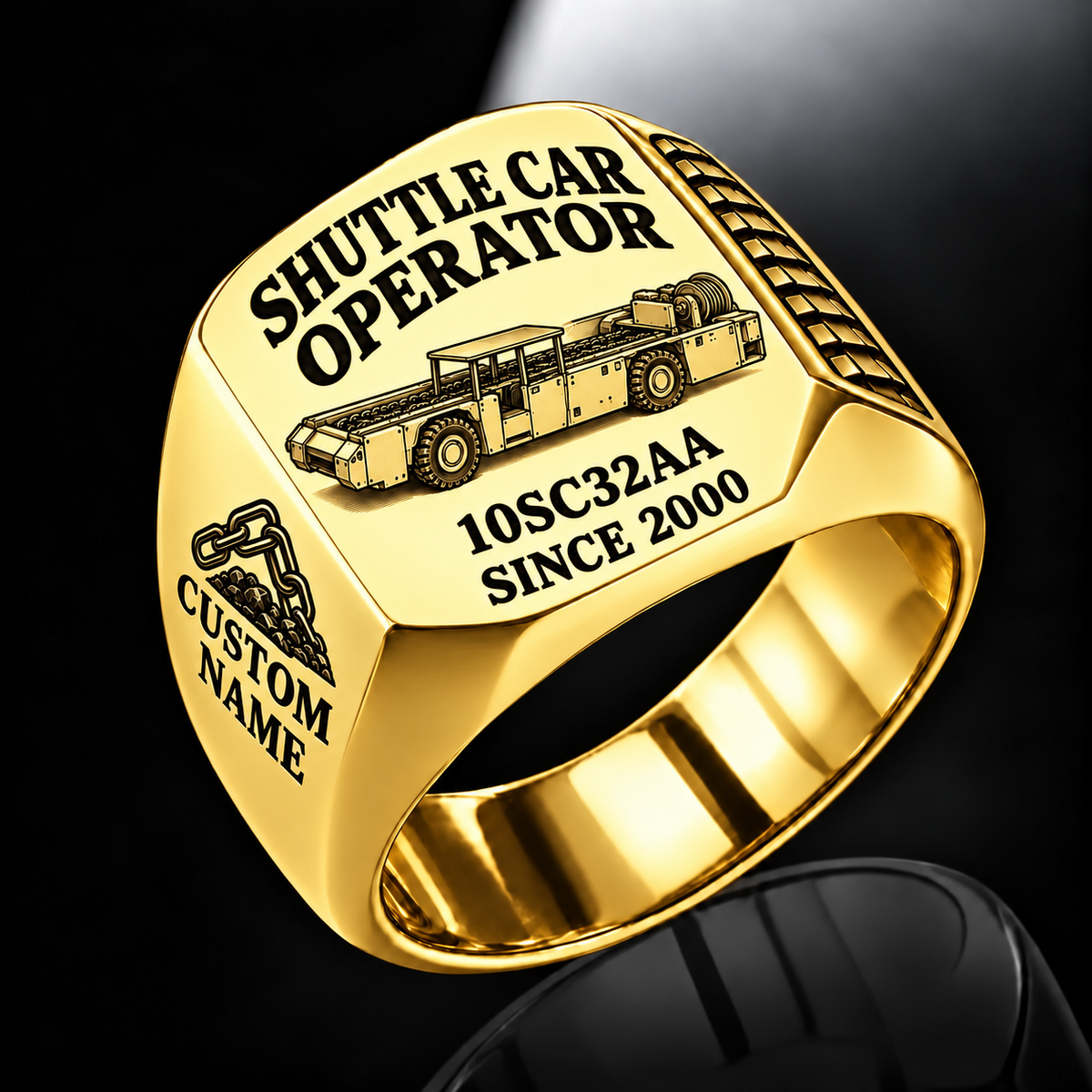 10SC32AA Center-Drive Shuttle Car Operator Ring in Gold finish, flat machine engraving, CUSTOM NAME and SINCE 2000 sample text.