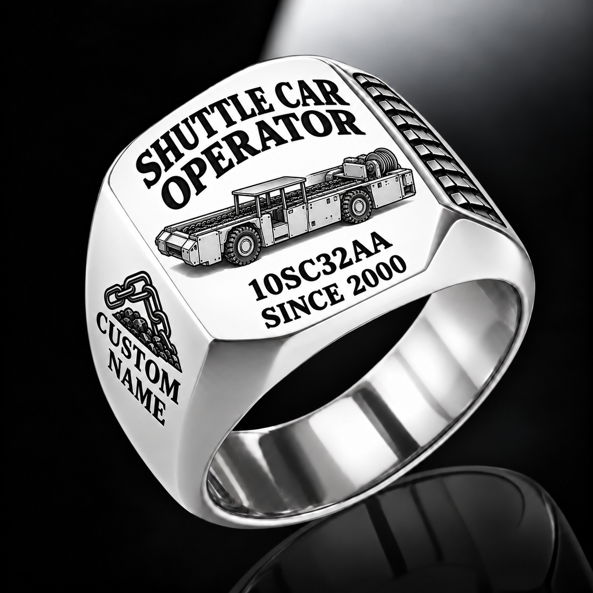 10SC32AA Center-Drive Shuttle Car Operator Ring in Silver finish, flat machine engraving, CUSTOM NAME and SINCE 2000 sample text.