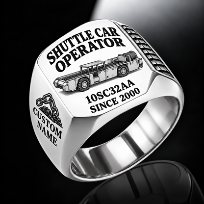 10SC32AA Center-Drive Shuttle Car Operator Ring in Silver finish, flat machine engraving, CUSTOM NAME and SINCE 2000 sample text.