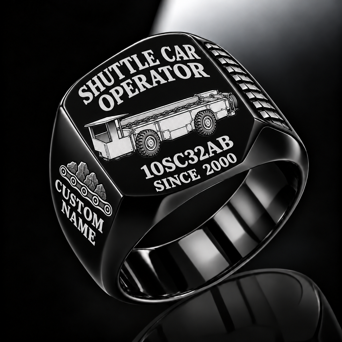 10SC32AB End-Drive Shuttle Car Operator Ring in Black finish, flat machine engraving, CUSTOM NAME and SINCE 2000 sample text.