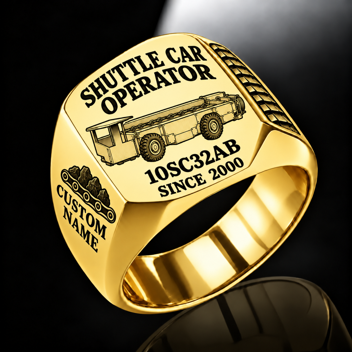 10SC32AB End-Drive Shuttle Car Operator Ring in Gold finish, flat machine engraving, CUSTOM NAME and SINCE 2000 sample text.