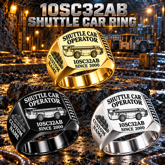 10SC32AB End-Drive Shuttle Car Operator Ring in Silver, Gold and Black finishes, flat machine engraving, CUSTOM NAME and SINCE 2000 sample text.