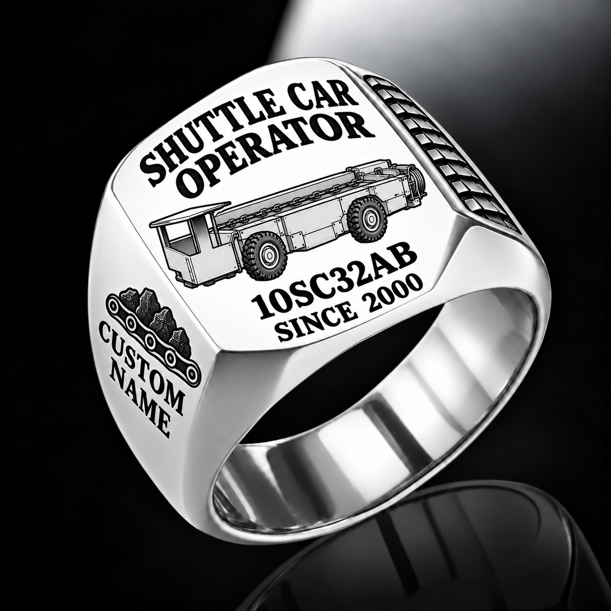 10SC32AB End-Drive Shuttle Car Operator Ring in Silver finish, flat machine engraving, CUSTOM NAME and SINCE 2000 sample text.