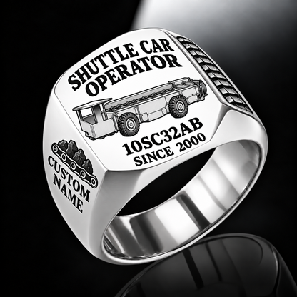 10SC32AB End-Drive Shuttle Car Operator Ring in Silver finish, flat machine engraving, CUSTOM NAME and SINCE 2000 sample text.