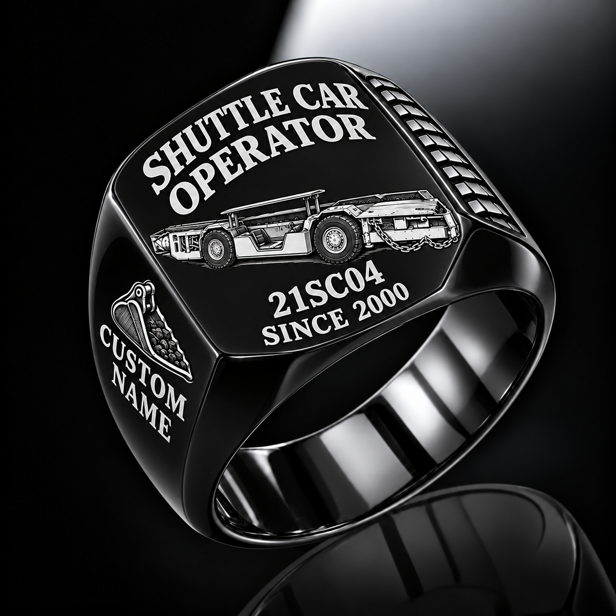21SC04 Low-Seam Shuttle Car Operator Ring in Black finish, flat machine engraving, CUSTOM NAME and SINCE 2000 sample text.
