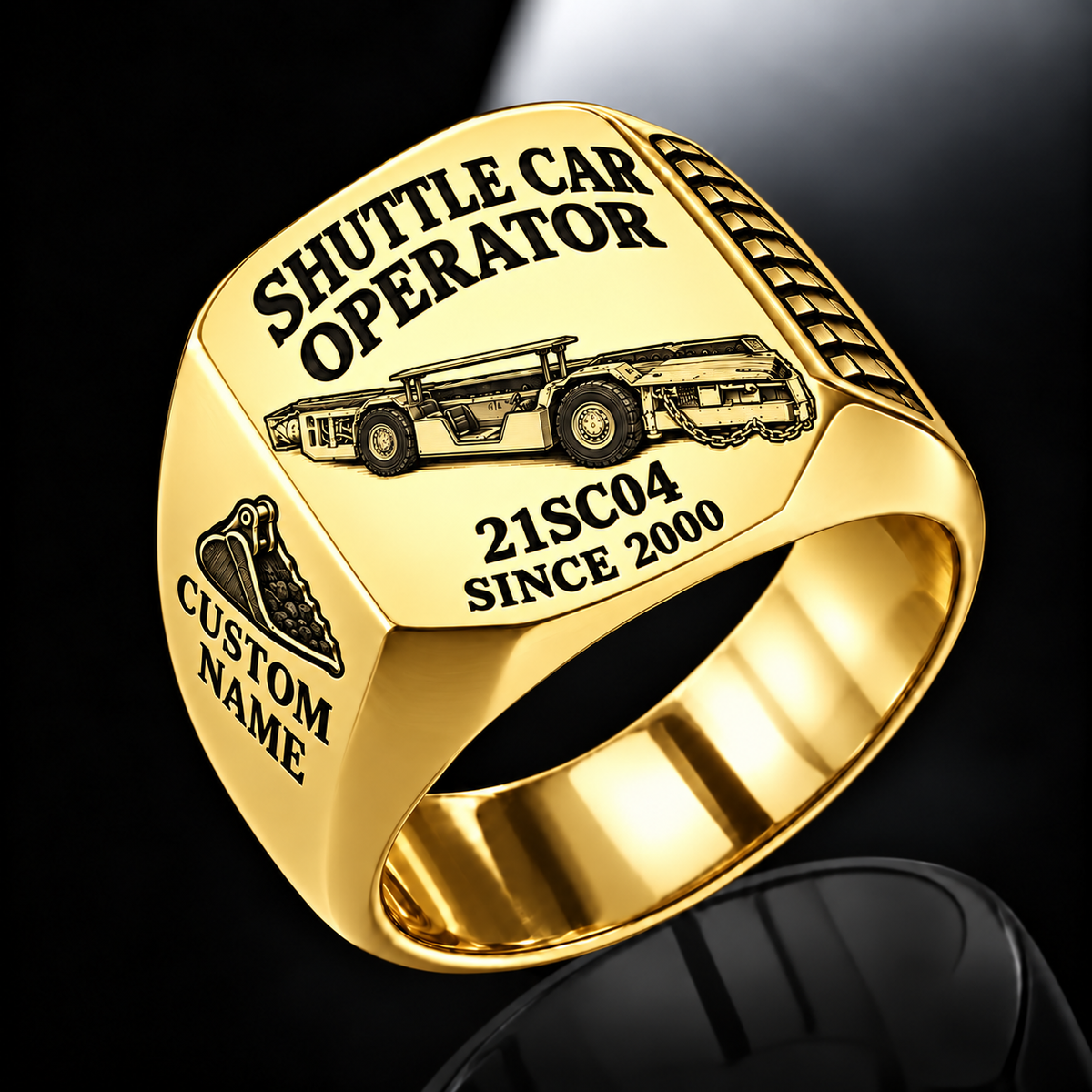 21SC04 Low-Seam Shuttle Car Operator Ring in Gold finish, flat machine engraving, CUSTOM NAME and SINCE 2000 sample text.