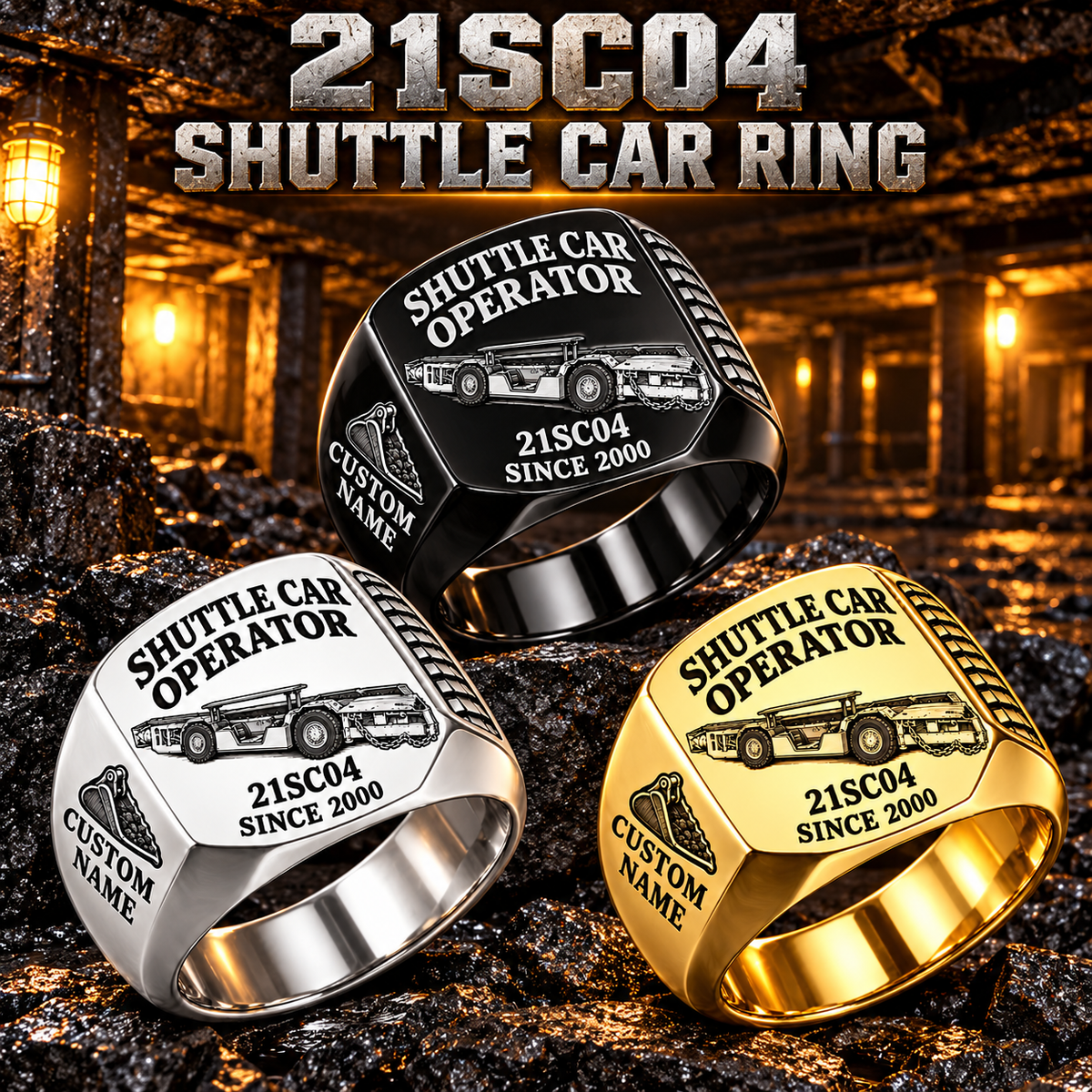 21SC04 Low-Seam Shuttle Car Operator Ring in Silver, Gold and Black finishes, flat machine engraving, CUSTOM NAME and SINCE 2000 sample text.