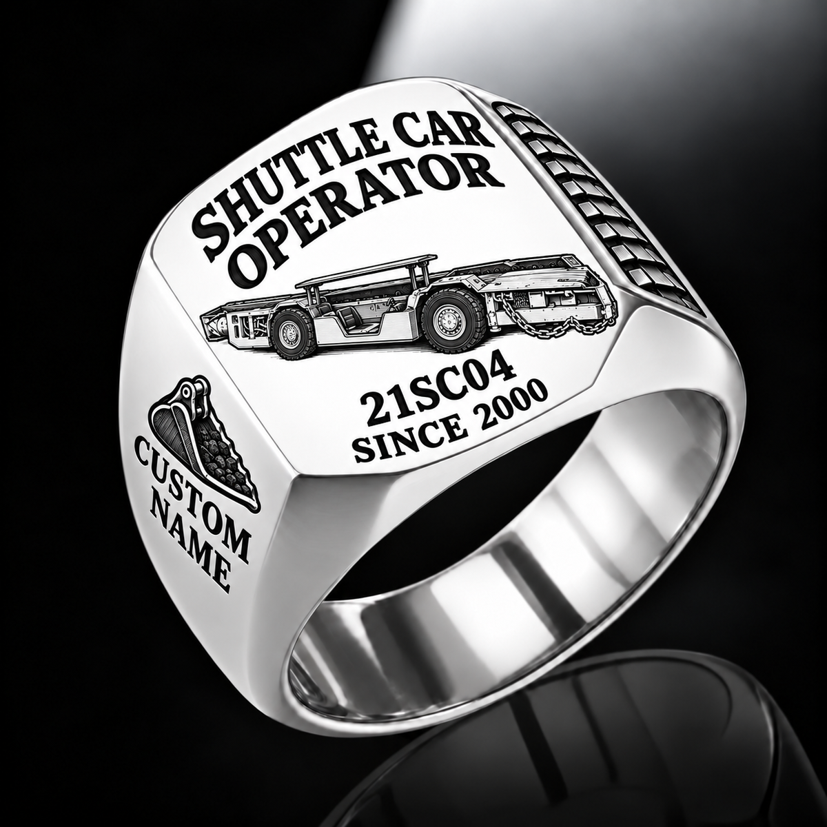 21SC04 Low-Seam Shuttle Car Operator Ring in Silver finish, flat machine engraving, CUSTOM NAME and SINCE 2000 sample text.