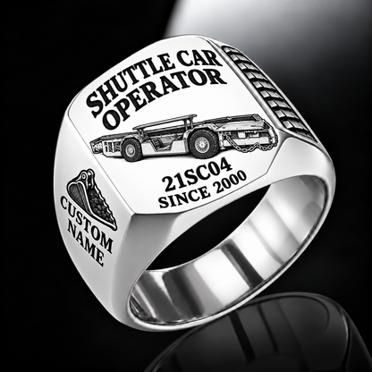 21SC04 Low-Seam Shuttle Car Operator Ring in Silver finish, flat machine engraving, CUSTOM NAME and SINCE 2000 sample text.