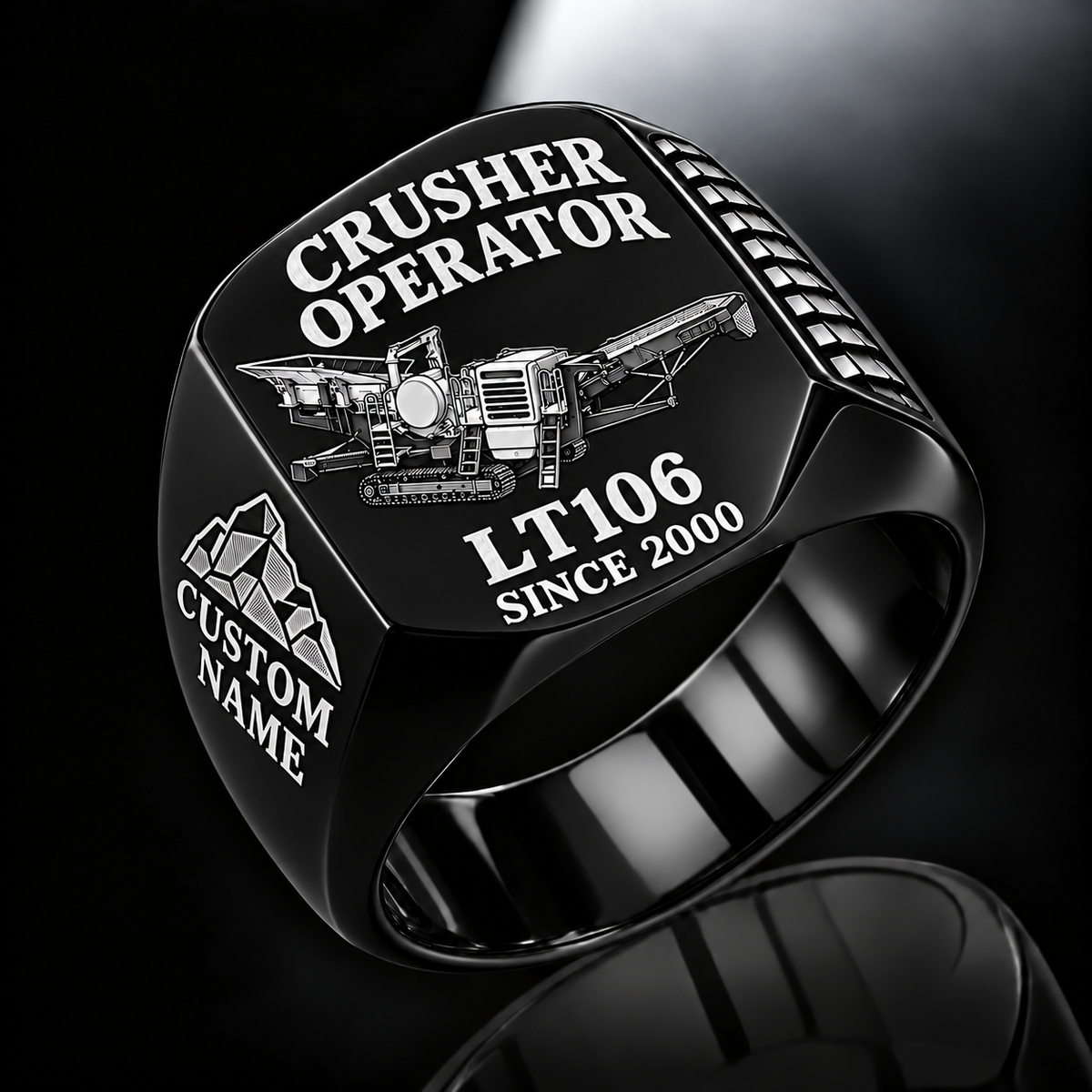 LT106 Jaw Crusher Operator Ring in Black finish, flat machine engraving, CUSTOM NAME and SINCE 2000 sample text.