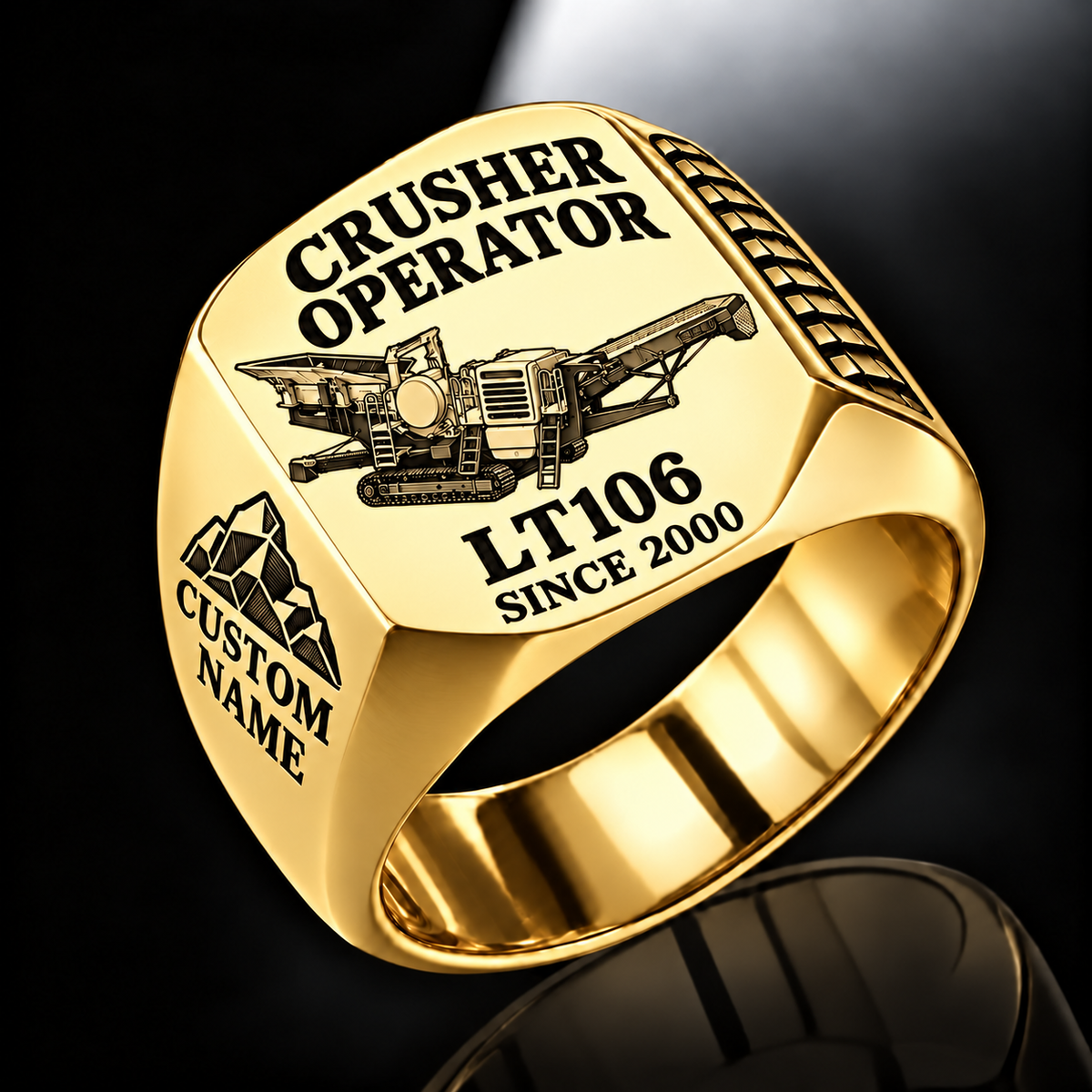 LT106 Jaw Crusher Operator Ring in Gold finish, flat machine engraving, CUSTOM NAME and SINCE 2000 sample text.