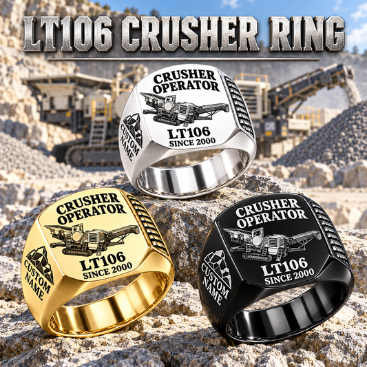 LT106 Jaw Crusher Operator Ring in Silver, Gold and Black finishes, flat machine engraving, CUSTOM NAME and SINCE 2000 sample text.