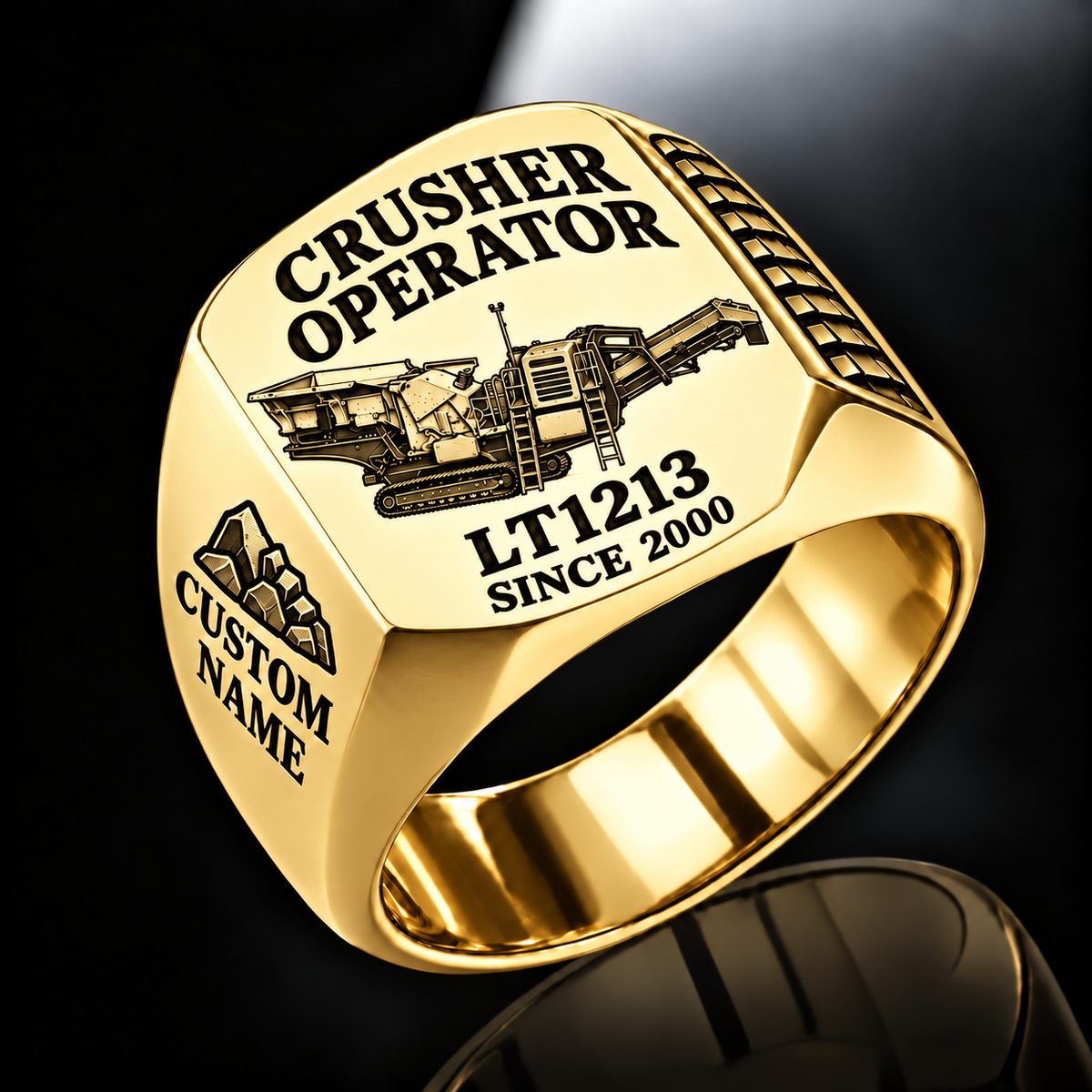 LT1213 Impact Crusher Operator Ring in Gold finish, flat machine engraving, CUSTOM NAME and SINCE 2000 sample text.