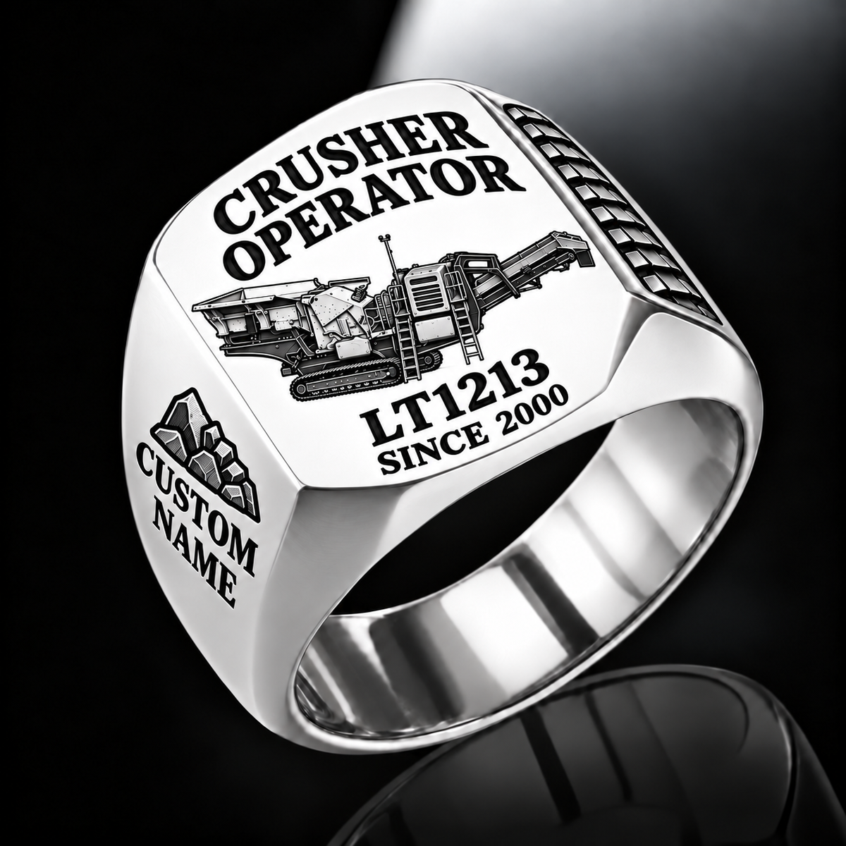 LT1213 Impact Crusher Operator Ring in Silver finish, flat machine engraving, CUSTOM NAME and SINCE 2000 sample text.