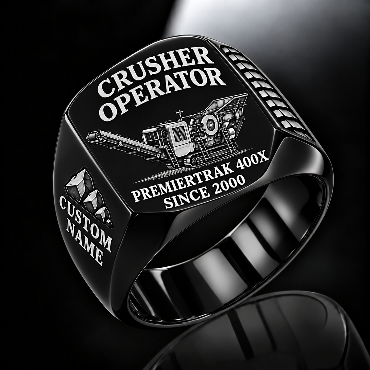 Premiertrak 400X Jaw Crusher Operator Ring in Black finish, flat machine engraving, CUSTOM NAME and SINCE 2000 sample text.
