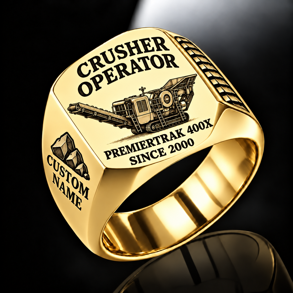 Premiertrak 400X Jaw Crusher Operator Ring in Gold finish, flat machine engraving, CUSTOM NAME and SINCE 2000 sample text.