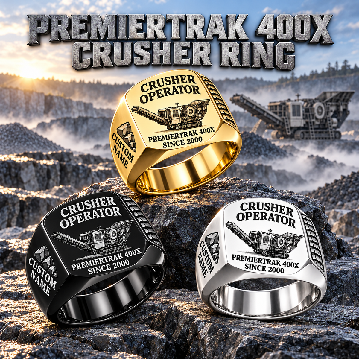 Premiertrak 400X Jaw Crusher Operator Ring in Silver, Gold and Black finishes, flat machine engraving, CUSTOM NAME and SINCE 2000 sample text.