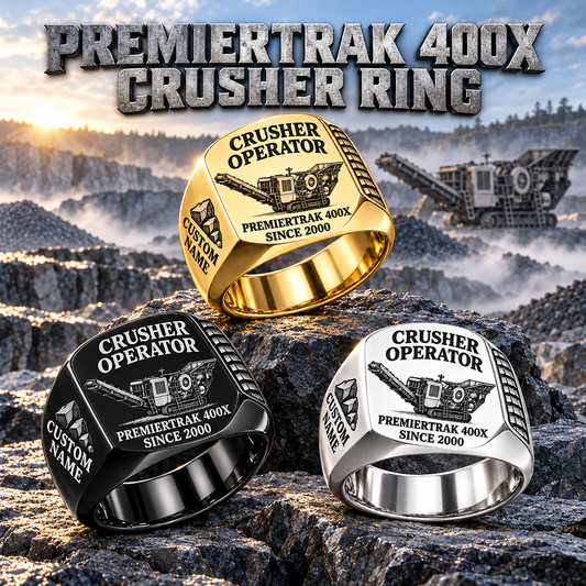 Premiertrak 400X Jaw Crusher Operator Ring in Silver, Gold and Black finishes, flat machine engraving, CUSTOM NAME and SINCE 2000 sample text.