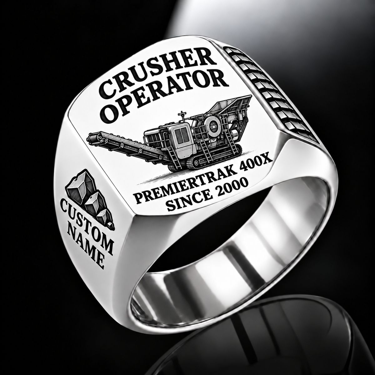 Premiertrak 400X Jaw Crusher Operator Ring in Silver finish, flat machine engraving, CUSTOM NAME and SINCE 2000 sample text.