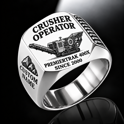 Premiertrak 400X Jaw Crusher Operator Ring in Silver finish, flat machine engraving, CUSTOM NAME and SINCE 2000 sample text.