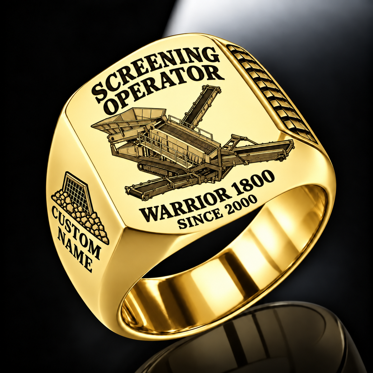 Warrior 1800 Screener Operator Ring in Gold finish, flat machine engraving, CUSTOM NAME and SINCE 2000 sample text.