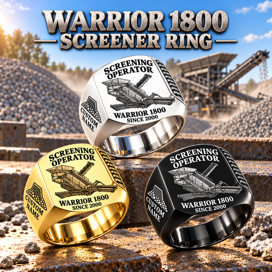 Warrior 1800 Screener Operator Ring in Silver, Gold and Black finishes, flat machine engraving, CUSTOM NAME and SINCE 2000 sample text.