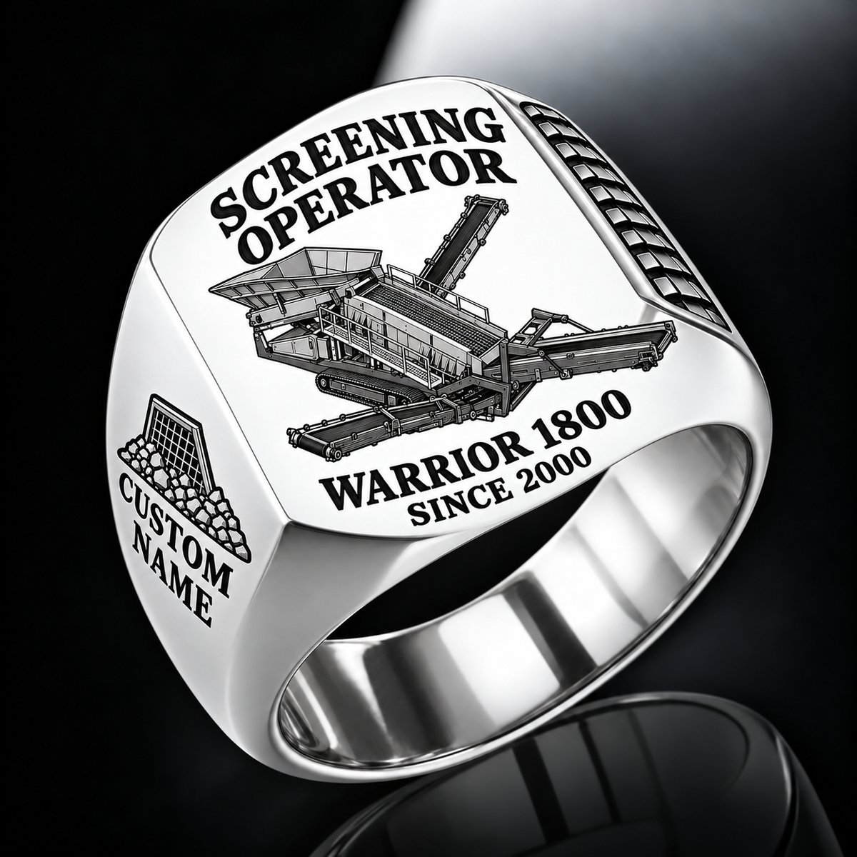 Warrior 1800 Screener Operator Ring in Silver finish, flat machine engraving, CUSTOM NAME and SINCE 2000 sample text.
