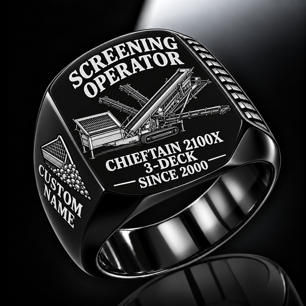 Chieftain 2100X 3-Deck Screener Operator Ring in Black finish, flat machine engraving, CUSTOM NAME and SINCE 2000 sample text.